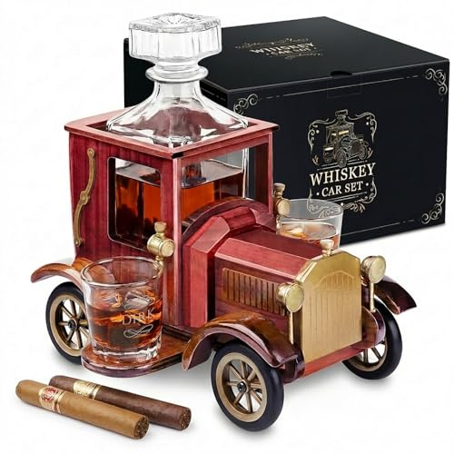 Maverton Vintage Auto Dekanter Set 900 ml, Karaffe + 2 Gläser mit Gravur | Whisky Gläser in Holzwagen, Whiskey Geschenkset, personalisierte Geschenke zum Geburtstag, Geschenke für Männer