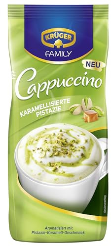 KRÜGER Family Cappuccino Pistazie, Instantkaffee, 500 g Beutel | aromatisiertes Getränkepulver | löslicher Bohnenkaffee | koffeinhaltig