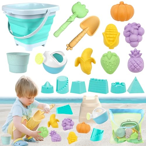 VEEKAY Juego de Juguetes de Playa,18pcs Juguetes De Playa para niños con Cubo Plegable,Juguetes de Arena,Juguete para arenero,Bolsa Juguetes Playa Malla,Moldes de Arena, para Niñas Niños