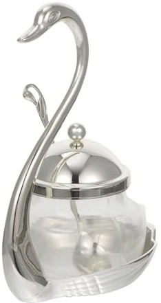 MAGICLULU Tarro de Condimentos de Vidrio con Cuchara, Diseño Creativo Forma de Cisne, Aleación de Zinc y Vidrio, Color Plateado, Recipiente para Sal y Azúcar, Adecuado para Cocina y Eventos