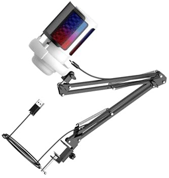 Allayu Microphone USB avec Bras articulé, éclairage RGB, idéal pour Le podcasting, Les Jeux en Ligne et l'enregistrement en Direct. Son Exceptionnel, Angle de réglage du Gain et molette de Volume.