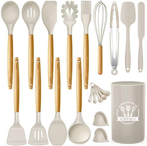 Kinfayv Juego de utensilios de cocina de silicona, 21 piezas, mango de madera, no tóxico, sin BPA, cuchara de silicona, espátula, espátula, pinzas giratorias, utensilios de cocina antiadherentes con