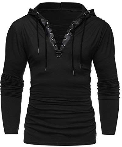 Xmiral Herren Kapuzenoberteile Kordelzug Vintage Leder Patchwork Langarm Sweatshirt Tops Pullover(S,Schwarz)