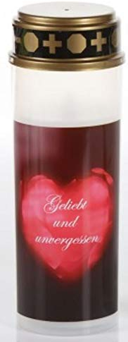 Schlaraffenland große LED Grabkerze mit Motiv, 21 cm hoch, Brenndauer von bis zu 200 Tagen, flackerlicht, Grablaterne Wind und Regenfest, Grablampe (Herz, geliebt und unvergessen, weiß)