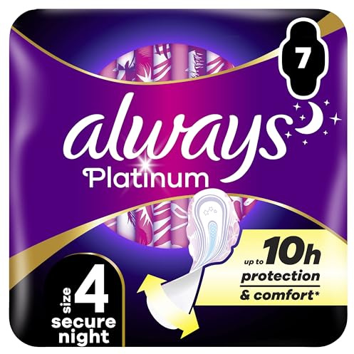 Always Platinum Sanitary Towels Secure Night (Size 4) with Wings 7 Pads, Ultra Soft and Protective Topsheet, Light Scented