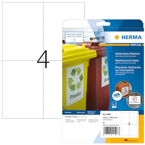 HERMA 4598 Wetterfeste Folienetiketten für Inkjet Drucker, 10 Blatt, 105 x 148 mm, 4 pro A4 Bogen, 40 Stück, selbstklebend, bedruckbar, matt, Klebeetiketten Aufkleber für Tintenstrahldrucker, weiß