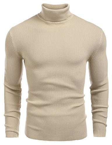 COOFANDY Mens Turtleneck Knitted Thermal Jumper Winter Slim fit Ribbed Polo Neck Long Sleeve Sweaters for Men Khaki 3XL