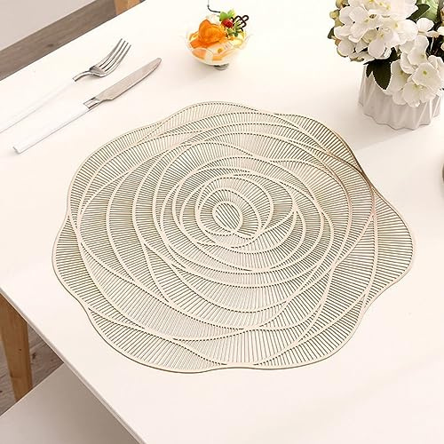 Hosoncovy 4 Pack Rose Placemats Table Mats Set Washable PVC Non-Slip Heat Resistant Table Place Mats Dinner Mats Wood Grain Meal Mat for Kitchen and Dining Room for Forest Wedding (Gold)