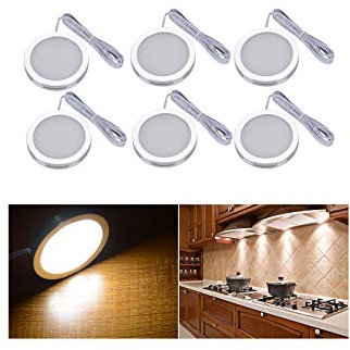 Midore LED Schrankbeleuchtung Unterbauleuchte 6er Set 15W Vitrinenbeleuchtung Rund Kabinett Beleuchtung mit Stecker und 3M Kleber für Kleiderschrank, Weinschrank, Küche