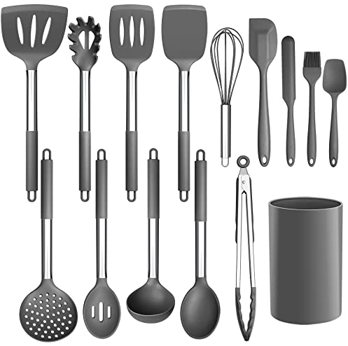 LIANYU 15-Piece Cooking Kitchen Utensils Set with Holder, Silicone Kitchen Tools Stainless Steel Handle, Slotted Spatula Spoon Turner Tong Whisk Brush for Cooking, Gray