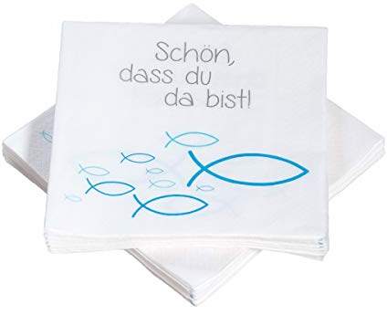 40 Servietten Fische Ichthys 'Schön, DASS du da bist!' 33x33 cm - blau türkis - für Kommunion, Taufe oder andere Festliche Anlässe…