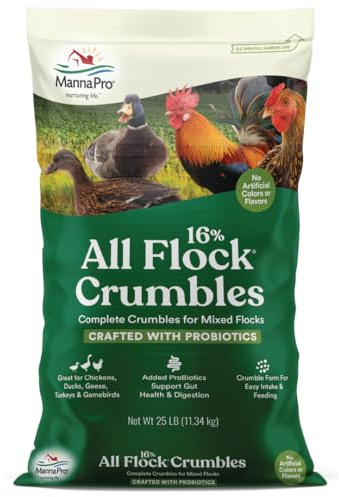 Manna Pro All Flock Crumbles – 16% Protein Complete Poultry Feed with Probiotics for Digestion, Crumbled Chicken & Game Bird Feed for All Flock Types, No Artificial Colors or Flavors, 25 lb