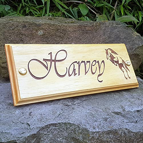 Horse Name Plate Stable Door Plaque (Vivaldi Font - Jumping Logo) Custom Made To Your Horses Name 300mm x 120mm x 18mm