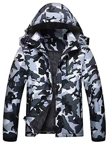 Jingangjin Herren Mountain Wasserdichte Skijacke Winter Windbreaker Warm Hooded Snowboard Regenmantel Jacken, Schwarz-Camo, Large