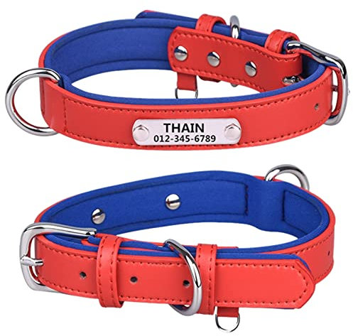 THAIN Personalised Dog Collars microfiber leather with free engraved name plate, neoprene padded Pet Collar for Puppy Small Medium Large Dogs (Red, M(neck 11.4-14.9))