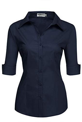 Hotouch Damen Hemd Kurzarm Slim Fit Blusen V-Ausschnitt Basic Shirt Button Down Casual Oberteile Tunika Tops Business Bluse Navyblau XL