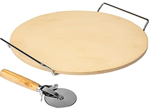 Browin 312009 Pizza Stone with Handle and Knife, Round 33 cm, in Oven, for Grilling, Ceramic