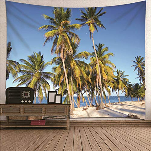 EHOMERY Wandbehang XL Besondere Wanddekoration Grün Blau Kokosnuss-Palmen-Ozean-Himmel Wandteppich Asiatisch Bunte Wanddecke Wandschmuck Groß Schlafzimmer Wohnzimmer 350X256Cm