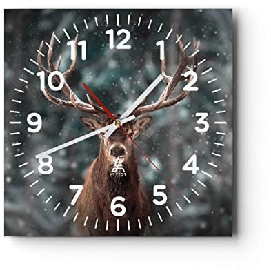 Modern Wanduhr Hirsch Hirsch Winter 30x30cm Quadrat Klein Wand Uhr Glas Analog Zimmeruhren Küche Büro Wohnzimmer Glasuhr Wall Clock Dekoration Design Wanddekoration Küchenuhr C4AC30x30-4998