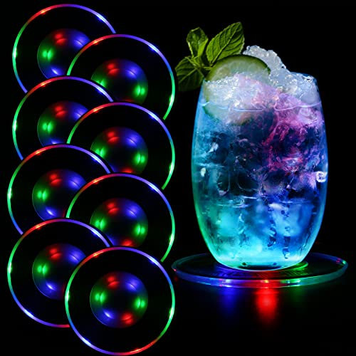 TINYOUTH Lot de 8 dessous de verre à LED changeant de couleur pour boissons, ON/OFF, sous-verres jetables, étanches au quotidien, en acrylique, pour fête, mariage, bar, Noël, pub