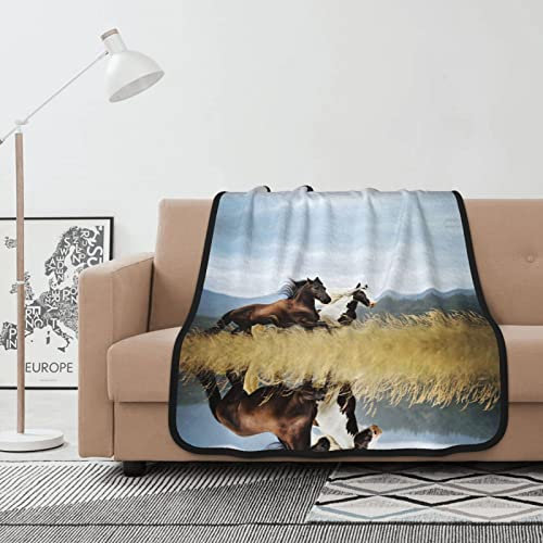 Doppelseitige Decke mit Pferdemotiv, 101,6 x 127 cm, für Bett, Sofa und Couch