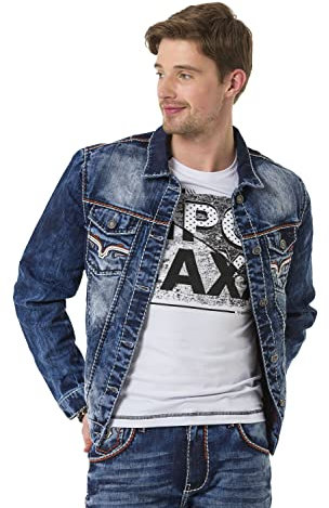 Cipo & Baxx Herren Jeansjacke CJ279 Blau – Stylische Denim Jacke im Modernen Design mit Stehkragen, Used-Waschung & Ziernähten – Modische Übergangsjacke für Alltag, Freizeit & Party – CJ279 Blau XL