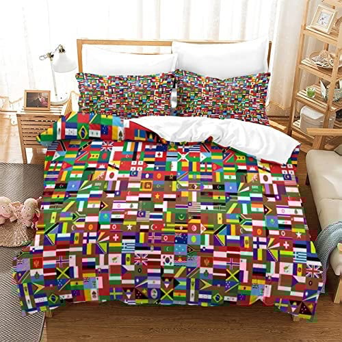 3-Piece Bedding Set - Duvet Cover, Quilt Cover, Pillowcase - World Countries Flag Print - 3D Comforter - Zipper Closure - Kids to Adults
