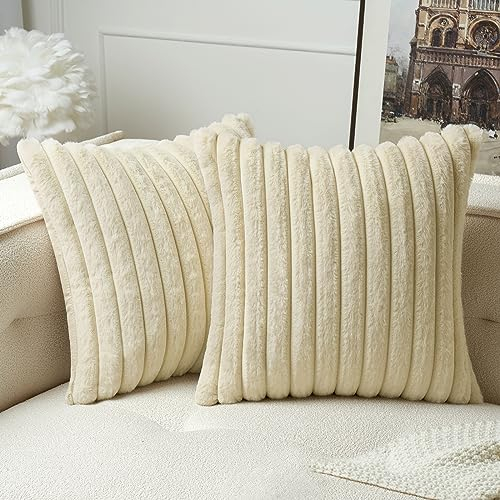 MIULEE Plüsch Samt Kissenbezug Kissenbezüge Kunstpelz weich Moderne Sofakissen Dekokissen Glatter Reißverschluss Waschbar Dekokissen Kissenhülle für Wohnzimmer Sofa 2er Set 40x40 cm Beige