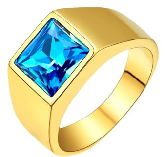 U7 Ring Herren mit Stein 8 * 8mm Quadrat Schliff Edelstein Blauer Saphir Band Ring Edelstahl Gothic-Ring Siegelring Fingerring für Papa Vater Männer,Gold,Größe 70