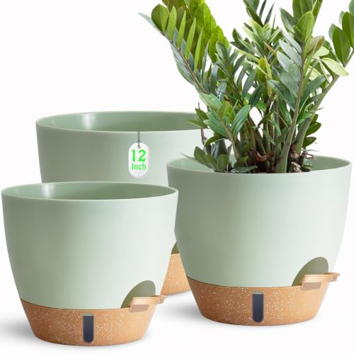 SE SUN-E Lot de 3 pots de fleurs à arrosage automatique pour les paresseux, en plastique vert pour toutes les plantes d'intérieur, succulentes, violettes africaines, fleurs et cactus - 30,5 x 25,4 cm