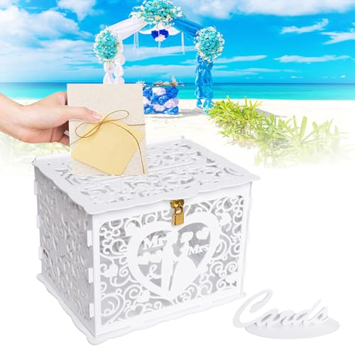 Intckwan Große Holz-Hochzeitskarten-Box, Hochzeitsgast Karten-Box, Geld-Box, Geschenk-Karten-Box mit Schlitz Schloss für Hochzeit, Jahrestag, Geburtstag, Dankeschön (Weiß)