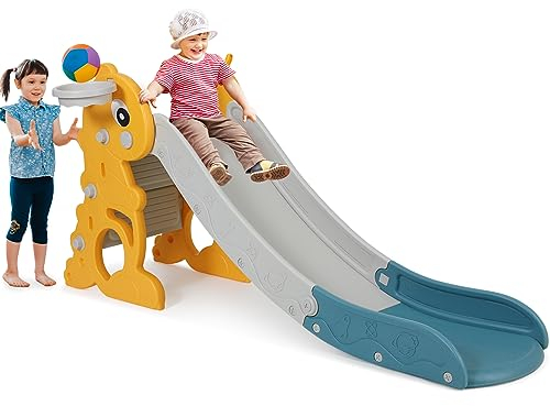 Toboggan Enfant Intérieur, Toboggan Pliable avec Panier de Basketball, Toboggan pour Enfants, 3 en 1 Toboggan, Dinosaure - 180 x 80 x 145 cm - Charge Max 60kg