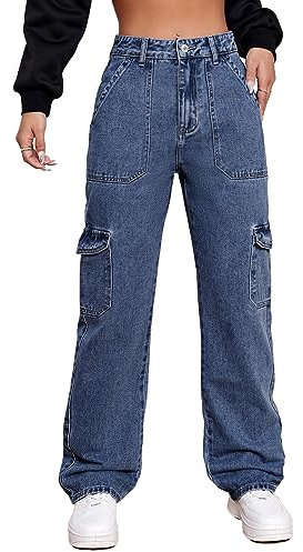 Alaster Queen Damen Jeans Hohe Taille Cargo Jeans Stretch Wide Leg Denim Hose Trendy Dunkelblau S