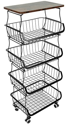 Carrello Portafrutta, Cesti Impilabili su Ruote con 5 Cestini Portaoggetti in Filo, Cestino Cesti Impilabili su Ruote Cesti Impilabili per Cucina, Dispensa, Ripostiglio, Bagno-40*30*94 cm (nero)