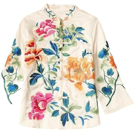 Chaqueta de estilo chino para mujer - Blusa bordada Estilo étnico Blusa china con bordado retro Chaqueta de mujer Abrigo de hombro recto Ropa oriental