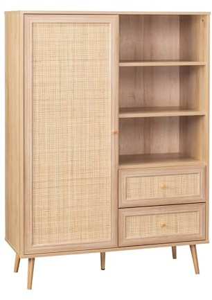 Highboard mit Rohrgeflecht und Holzdekor 1 Tür, 2 Schubladen, 6 Regale - Bohème