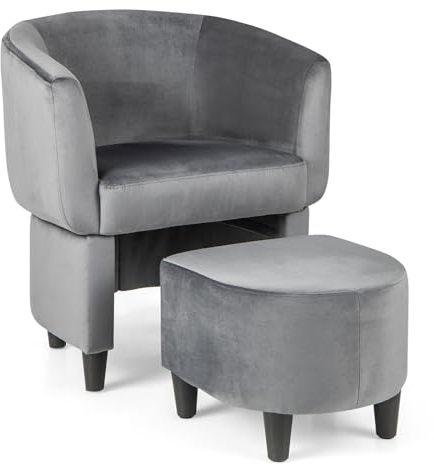 RELAX4LIFE Relaxsessel mit Hocker, Loungesessel mit Ottomane & Rückenlehne, Fernsehsessel mit Holzrahmen, Ohrensessel aus Samt, Gepolsterter Sessel für Wohnzimmer Schlafzimmer(Grau)