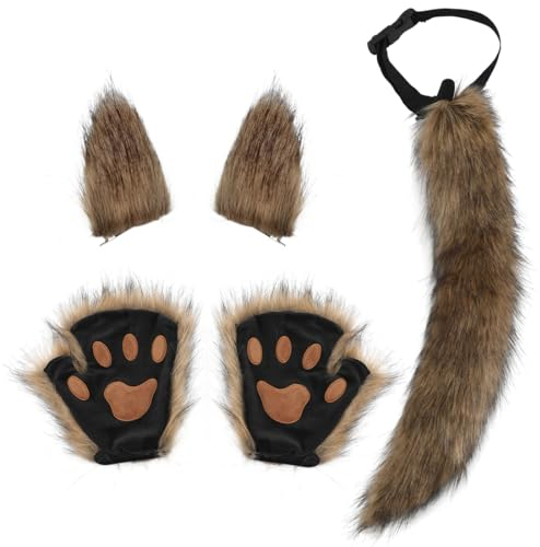 keland Katzenohren Plüsch Pfoten Handschuhe Wolf Schwanz Halloween Cosplay Kostüm Zubehör (Braun)