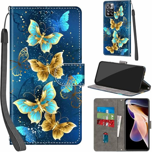 Handyhülle für Xiaomi Redmi Note 11 Pro Plus 5G Hülle, Vier Schmetterlinge | PU Leder, Klappbar, Kartenfächer, Ständer, Kameraschutz, Brieftasche, Magnet, Stoßfeste, Muster Motiv