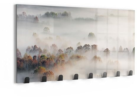 DEQORI Wandgarderobe Glas & Metall | Motiv Morgendlicher Nebelwald | 60x30 cm | Design Haken-Leiste modern | Garderoben-Paneel für Flur, Wohnzimmer & Schlafzimmer | magnetisch & beschreibbar