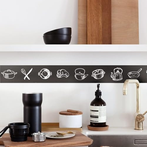 Funlife 3 Rolle Selbstklebend Bordüre, PVC Tapeten Bordüre Selbstklebend Wandtatoo für Küche Bad Fliesen, Wandbordüre Selbstklebend Klebefolie Borte Raumdekoration wasserdicht, Motive,10x600cm,Schwarz