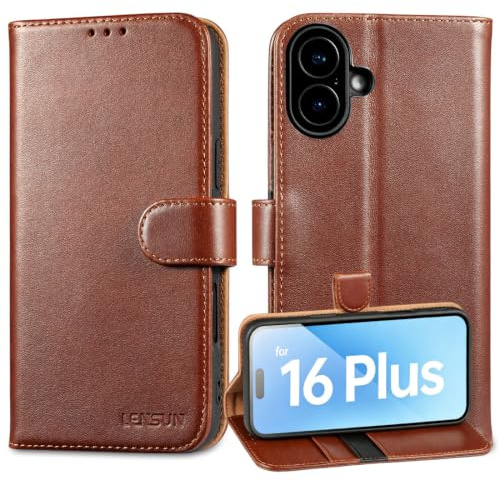 LENSUN Echtleder Hülle für iPhone 16 Plus, Magnetverschluss - Dunkel Braun | Handyhülle Echtes Leder, RFID Schutz Kartenfach, Klappen Handytasche, Bookstyle Lederhülle, Schutzhülle