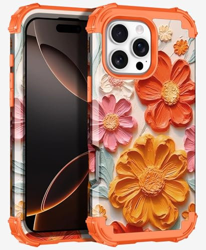 Petocase for iPhone 16 Pro Max Case Three-Layer Shockproof Heavy Duty Hybrid Sturdy High Impact Protective Cover Girls Women Flower Case for Apple iPhone 16 Pro Max 6.9 inch 2024,Orange