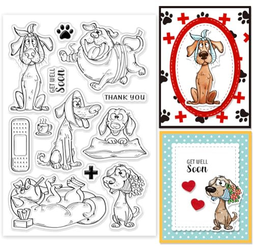 GLOBLELAND Comic Hunden Transparente Silikonstempel „Gute Besserung“ Klare Stamps Cartoon Tiere Silikonstempel Für Kartengestaltung DIY Prägung Journaling