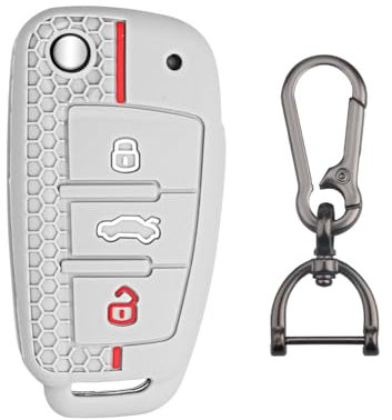 FT FUNTOR für Audi Schlüssel Hülle,3 Tasten für Audi A3 Schlüsselhülle Silikon Schlüsselhülle,Passend für Audi A1 A3 A4 A6 Quattro Q2 Q3 Q7 S3 S6 RS3 RS6 R8 TT TTS mit Roter Linie (Grau Rot)