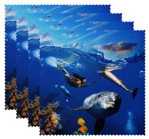 LVTISEE Set di 4 tovagliette quadrate con scena di corallo sottomarino con delfini e pesci, resistenti al calore, resistenti alle macchie, per tavolo da pranzo e cucina, 30,5 x 30,5 cm