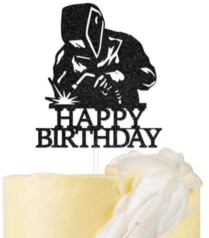 Welder Happy Birthday Cake Topper, Soldering Party Cake Decoration, Funny Birthday Party Cake Decoration for Man Women, Repairman Theme Birthday Bachelorette Party Supplies Black Glitter