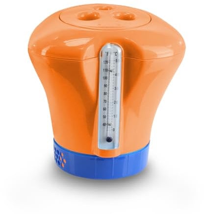 Pool Dosierschwimmer mit Thermometer orange großer Chlordosierer Chlorspender für ChlorTabs, Brom und SauerstoffTabs