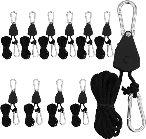 11 StüCk Seil Ratsche Mit Haken, 1/8 Zoll Seilspanner,Duty Heavy Rope Seilratsche,Einstellbare Seil Seilhaken, Ratsche Seilratsche 2m,Ratchet Hanger,FüR Pflanzen, Ventilatoren & Lampen(Schwarz)