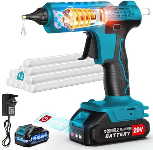 Kidovin 100W Cordless Hot Glue Gun, 2000mAh Battery, 12pcs Glue Sticks, Anti-Drip Nozzle, LED Light, Stand, Heavy Duty & Crafts